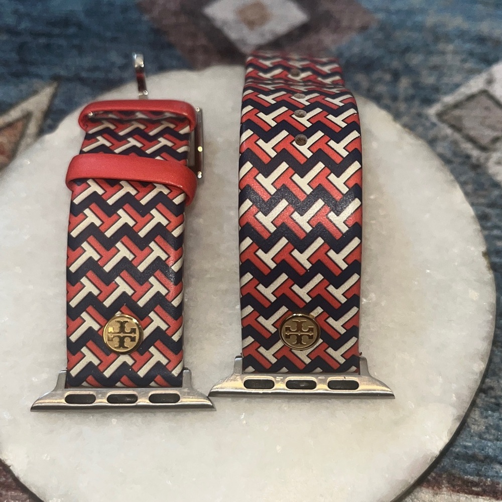 Tory Burch Orange and Navy Geometric Watch Band for Apple Watches.